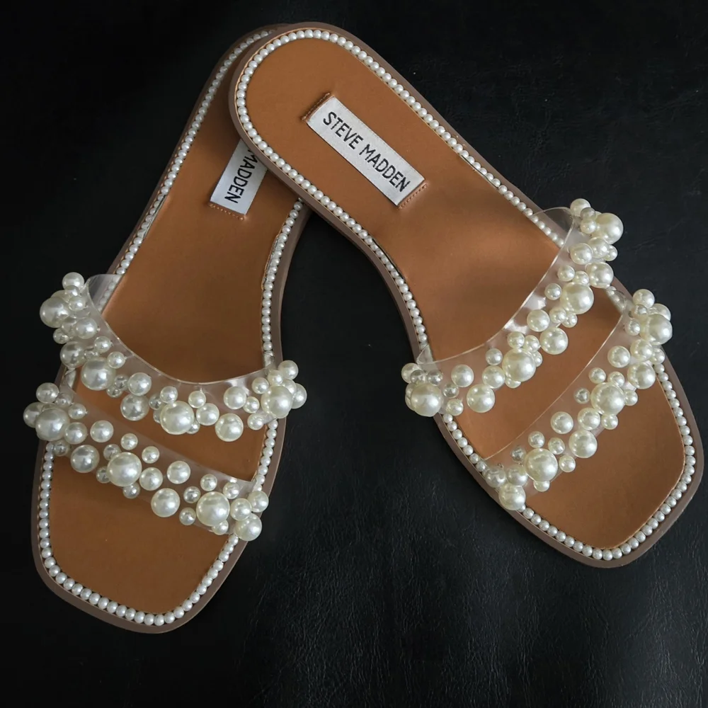 Steve Madden Pearl Embellished Tan Sandals - Picture 5 of 7